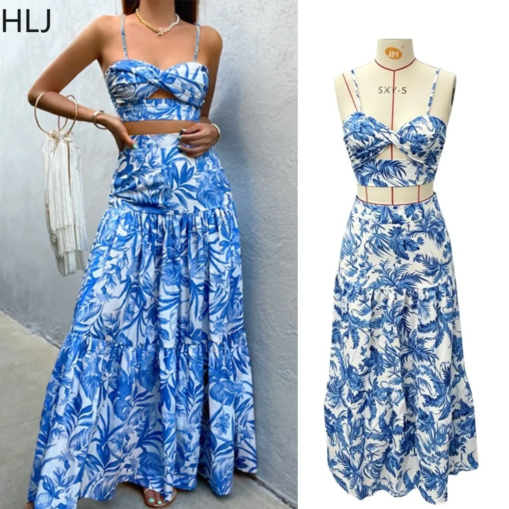 HLJ Summer Women 2 Piece Matching Set Blue Jungle Floral Print Hollow Crop Top and Maxi Skirt Holiday Beach Outfits Streetwear