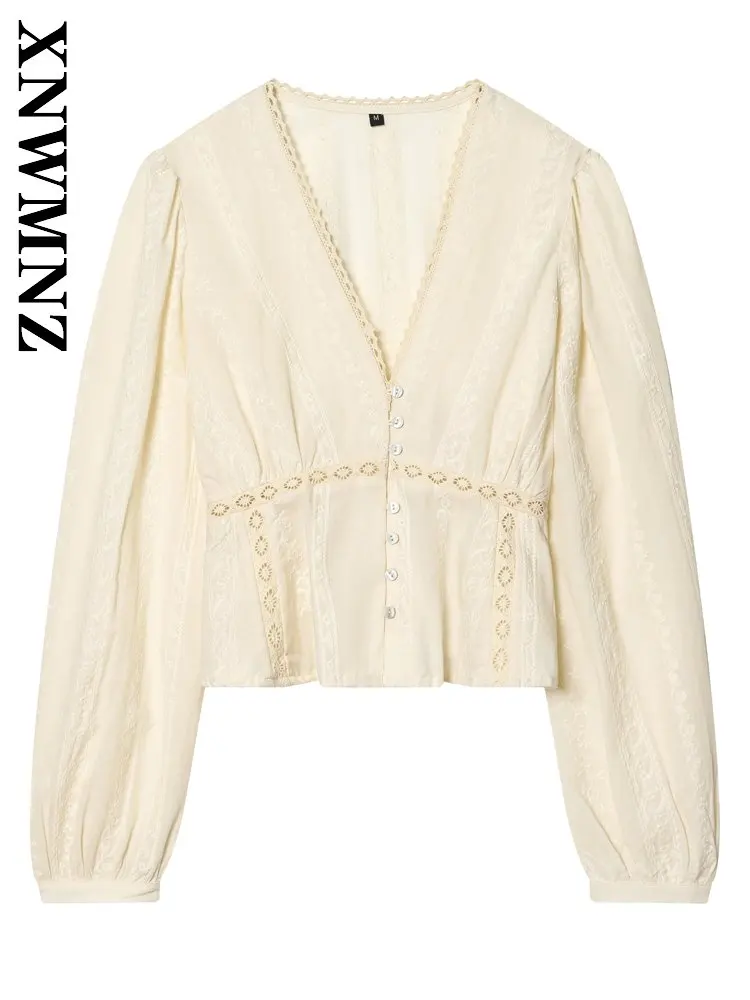 

XNWMNZ 2026 Summer Lady Fashion Chic V-Collar embroidery Short Shirt Holiday Vintage Woman Beige Long Sleeve Casual Thin Slim