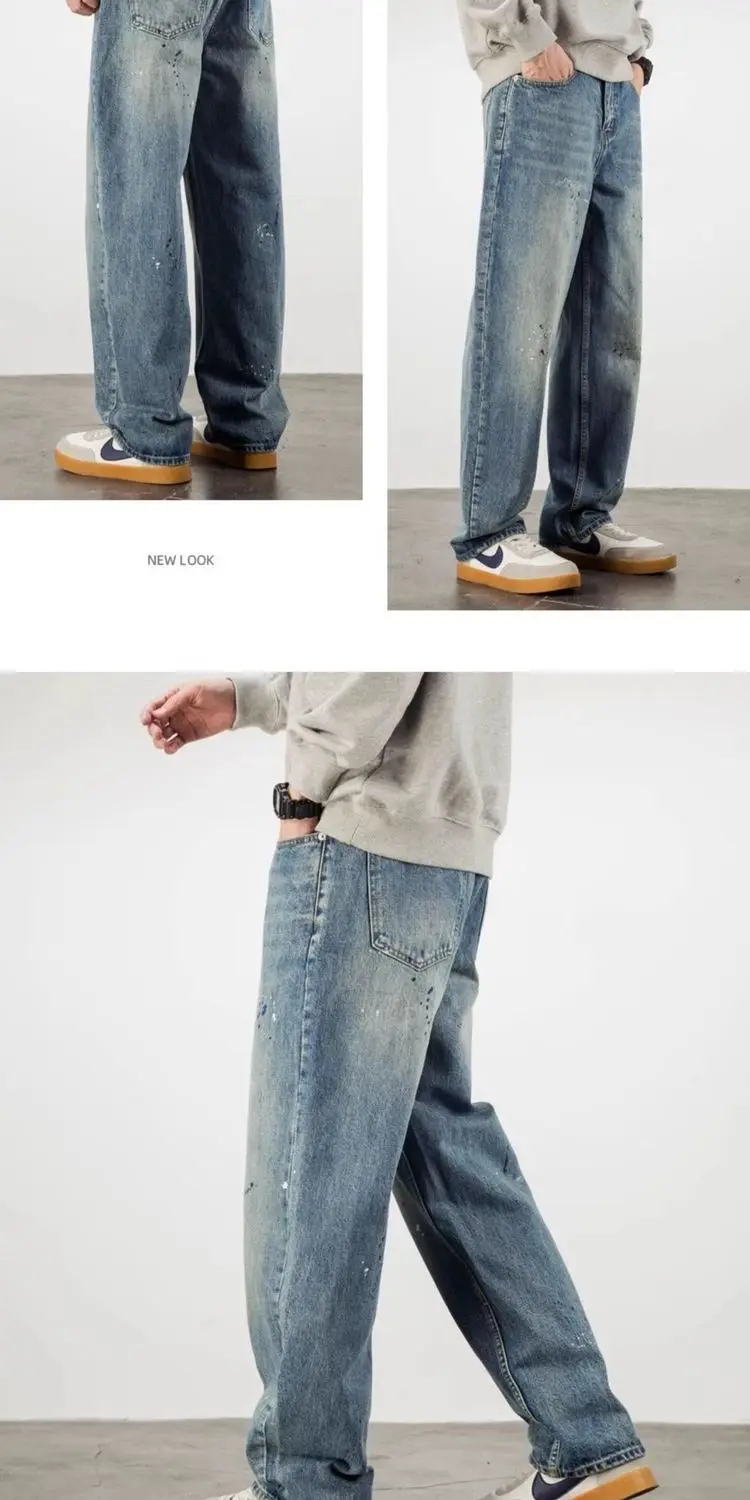 Autumn and Winter New Paint-splashed Jeans Men's Brand Loose Straight Casual Light-colored Washed Large-size Wide-leg Pants