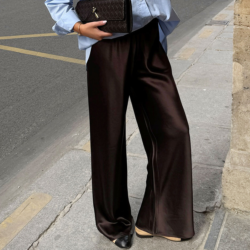  Linad Elegant Brown Satin Wide Leg Pants Women Autumn Fashion Beige High Waist Trousers Street Chic Silk Long Pants Female 2025 