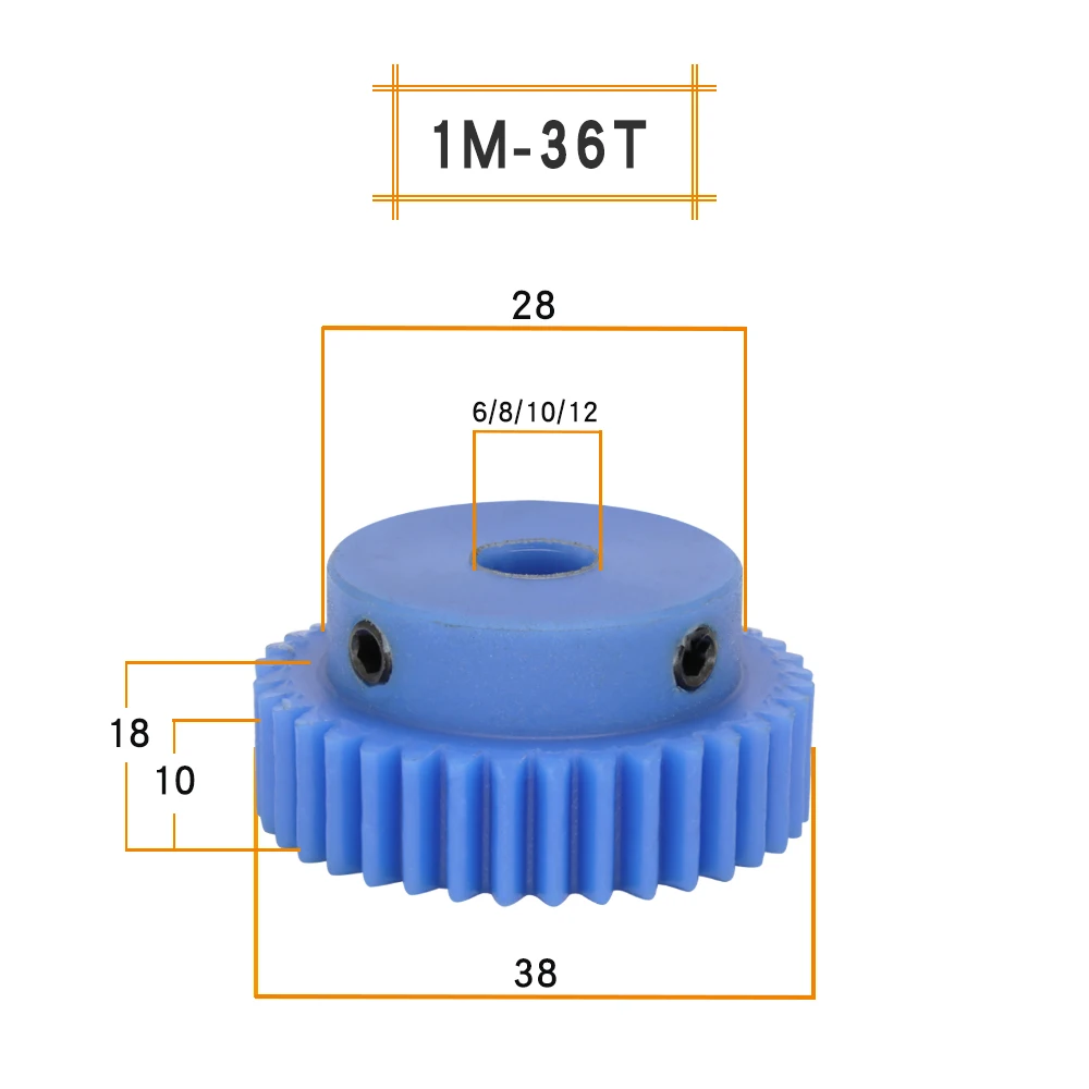 Motor Gear 1M-36T/38TBore 6/8/10/12mm plastic gear Teeth Pitch 3.14mm Teeth Height 10mm Total Height 18mm Transmission Parts