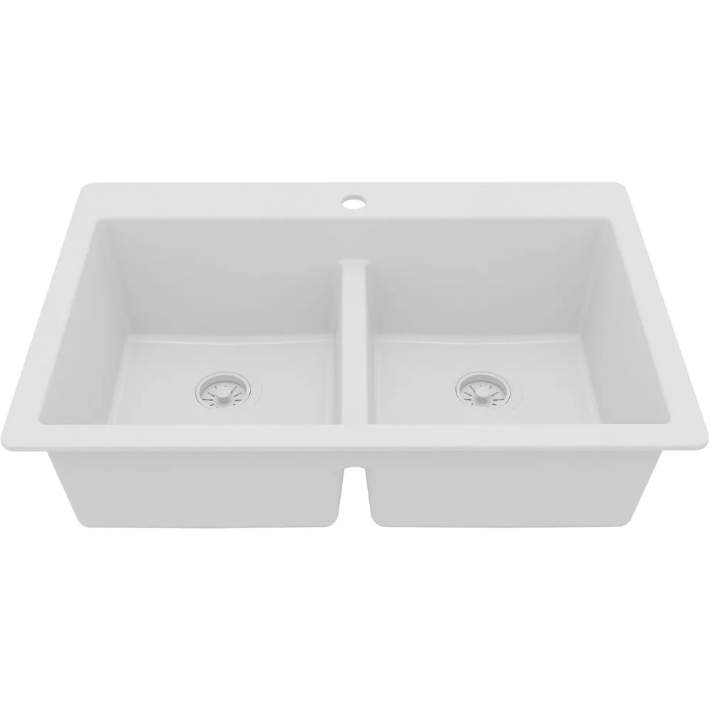 

Кухонная мойка из белого кварцевого композита, 33 дюйма, двойная, встраиваемая, с низким разделителем 50/50