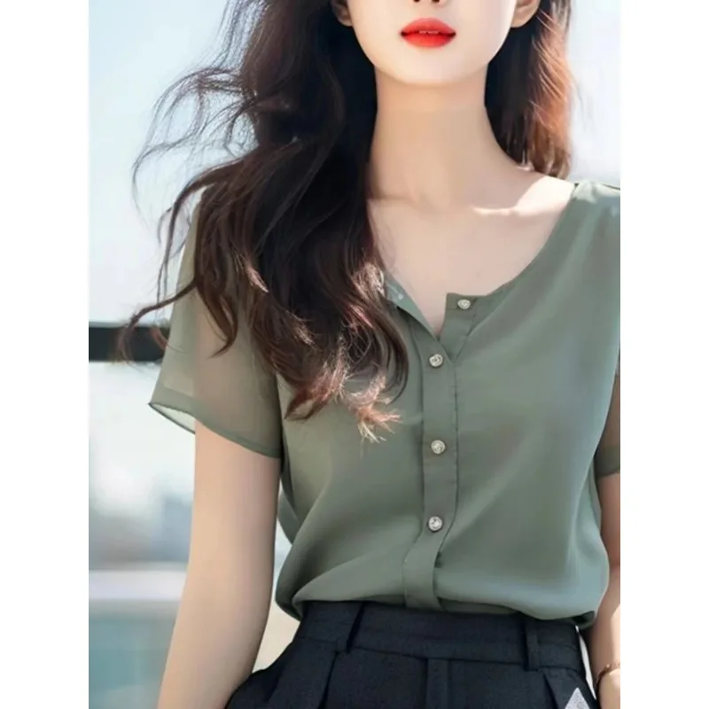 Women's Sage Green Chiffon Blouse Summer V-neck Button Down Short Sleeve Top Belly Covering Casual Elegant Shirt