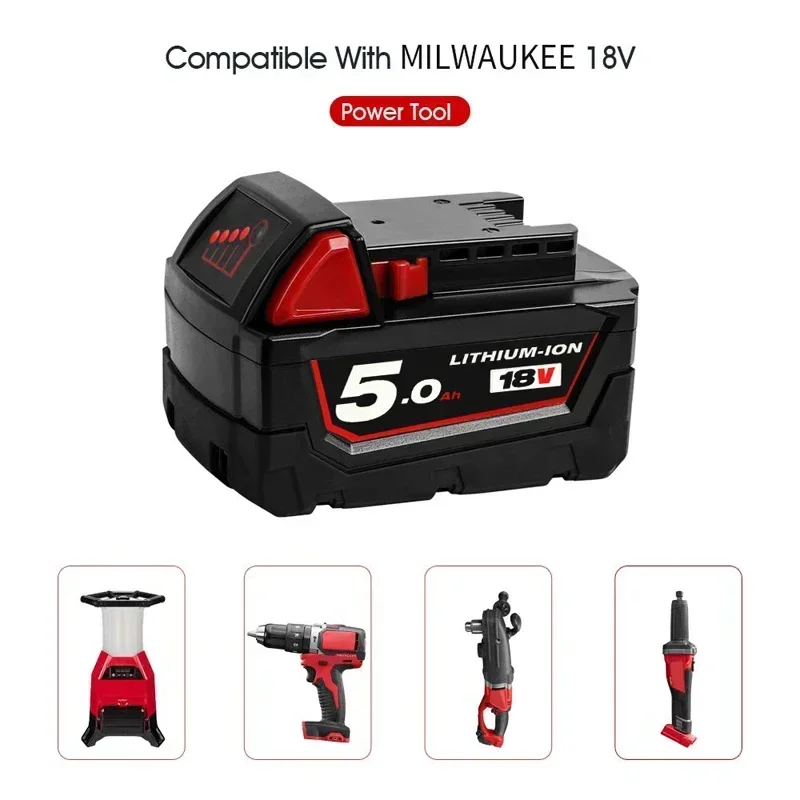5.0Ah 6.0Ah 18V M18 Rechargeable Battery Replacement for Milwaukee M18B Lithium XC 48-11-1850 48-11-1862 48-11-1840 48-11-1828