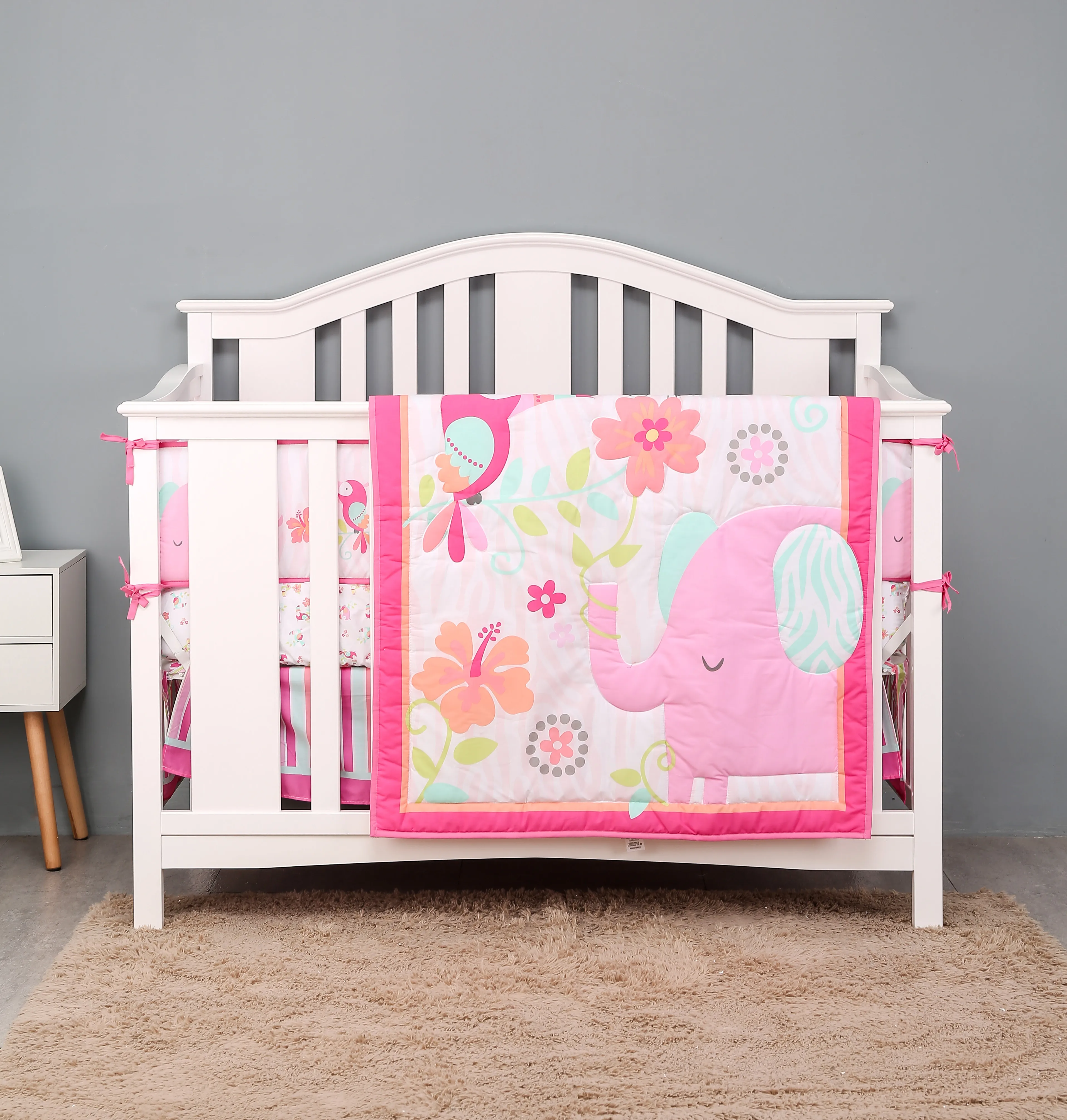 

free shipping 4PCS Baby Cot Bedding Set cotton crib set include comforter,crib sheet,skirt, bumper for girls Pink animals