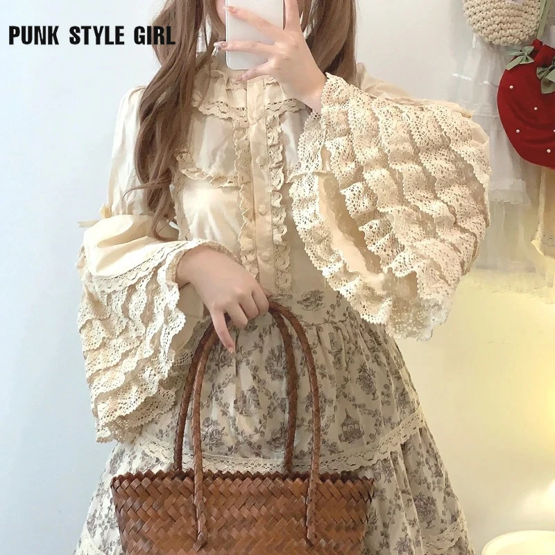 Lace Ruffles Bow Women Vintage Lolita Shirts Victorian Gothic Sweet Flare Sleeve Girls Harajuku Kawaii Blouses Y2k Blusas Tops