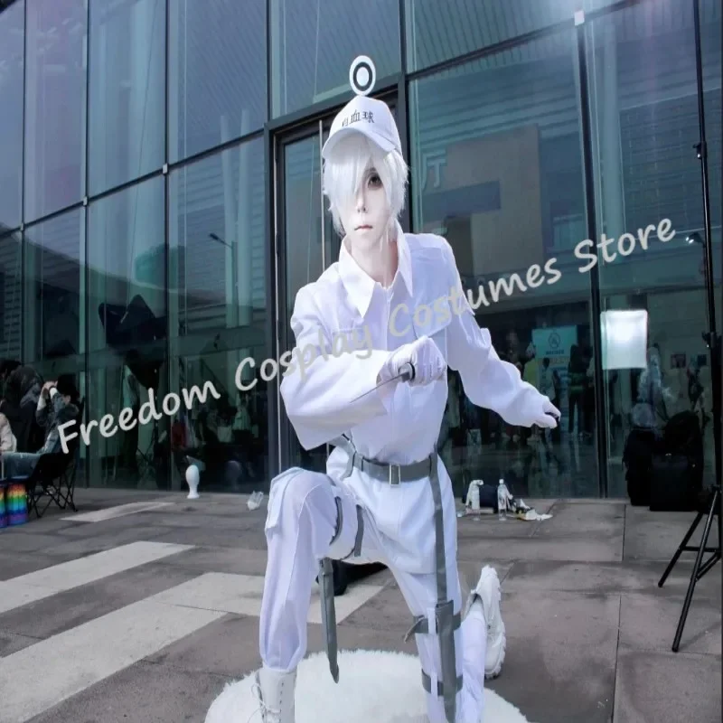 Anime Cells at Work! Neutrophil Uniform Hataraku Saibou White Blood Cell Cosplay Costume wig Coat Pants Belt Hat Golves Set