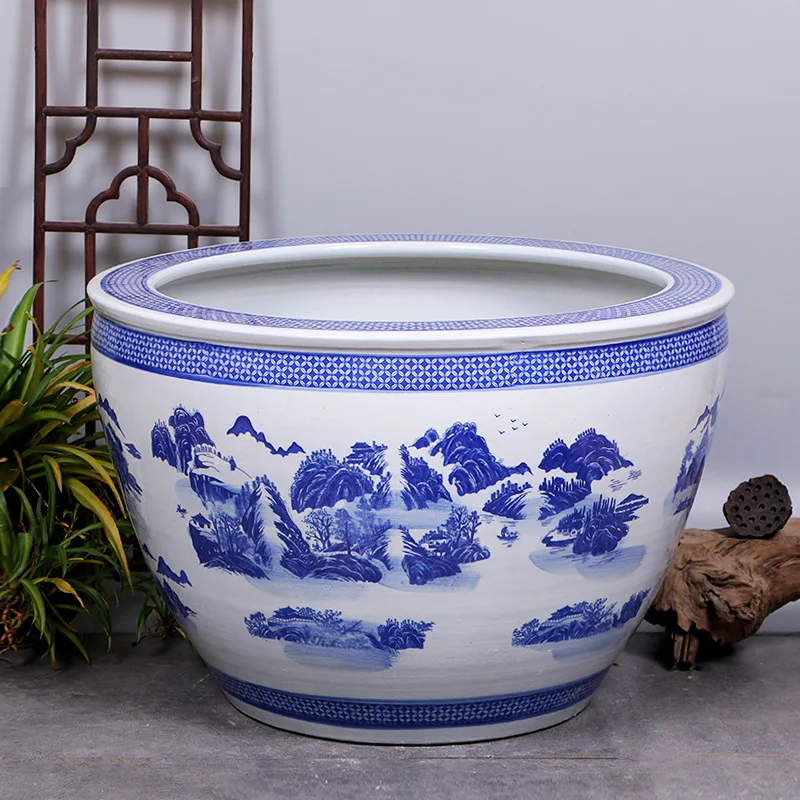 Sleeping Lotus Pot, Blue and White Ceramic Water Tank, Courtyard Bowl, Lotus Pot, Outdoor Extra Large Tree Planting Tank, Cleara