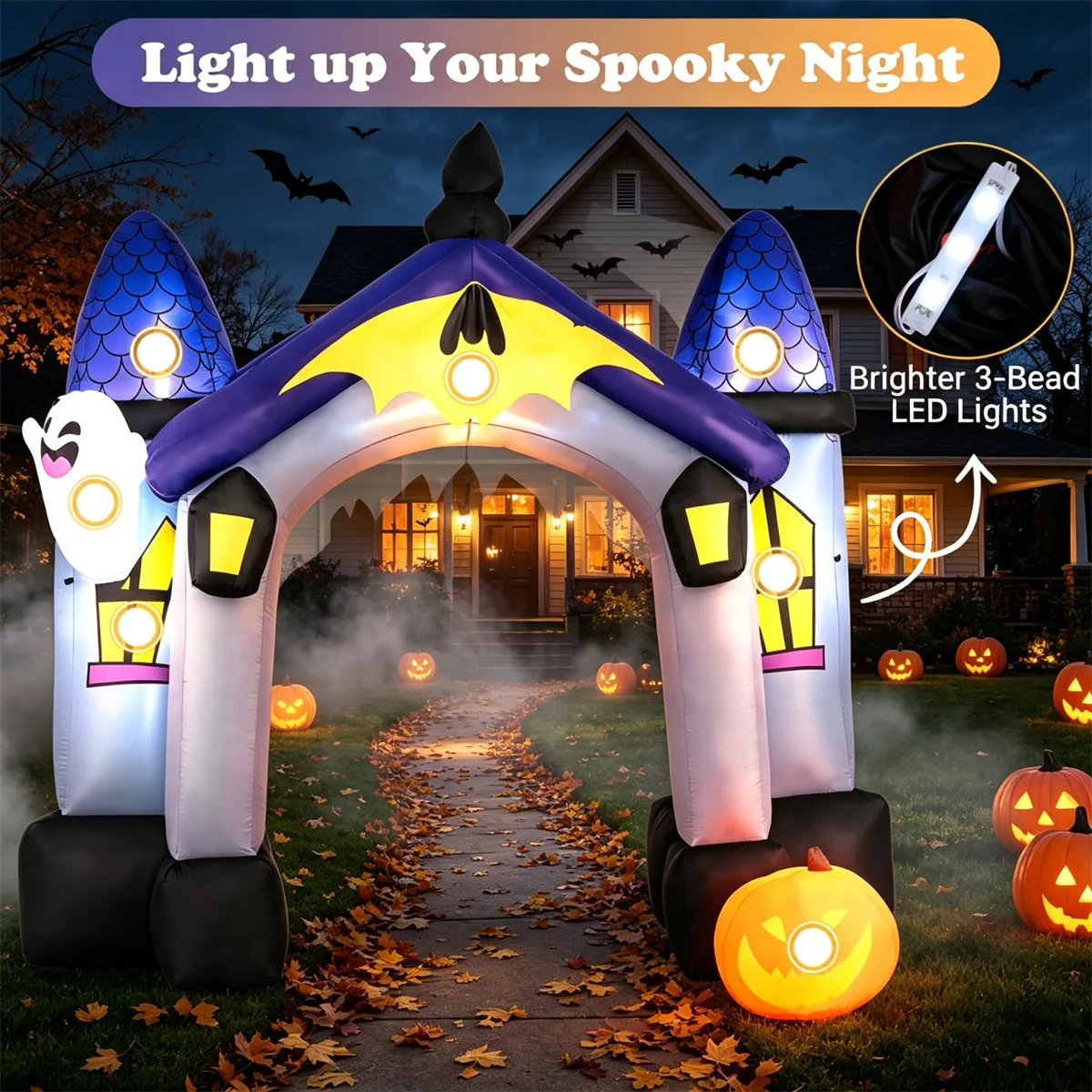 9ft Halloween Inflatable Archway, Ghost Castle Design with Jack-O-Lantern & Bat Banner, 7 LED Light Sets, Self-Inflating Blow Up Yard Decor