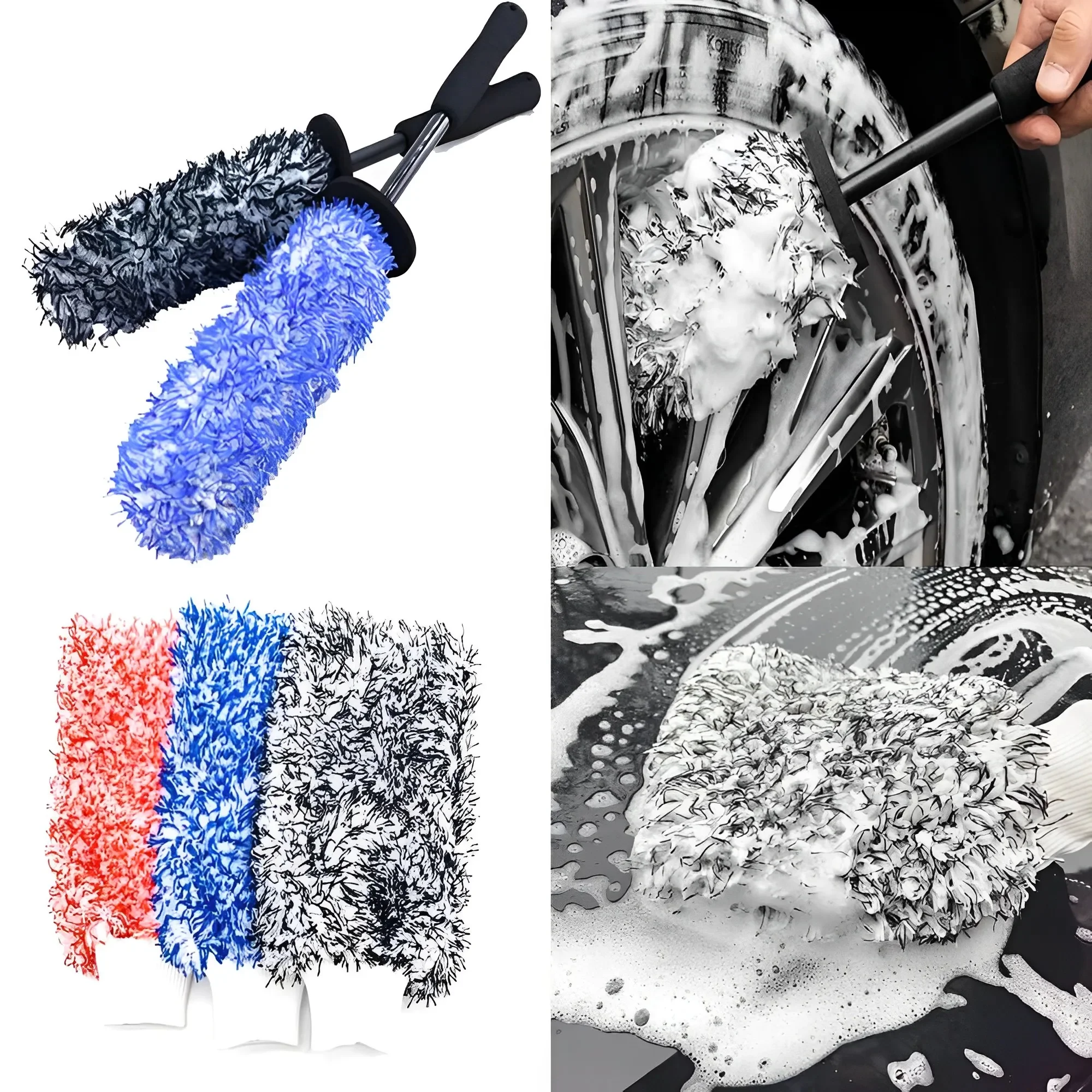 Car Microfiber Wash Brush Plush Wheels Brush Non-Slip Handle Easy To Cleaning Rims Spokes Wheel Barrel Cleaning Mitt Gloves