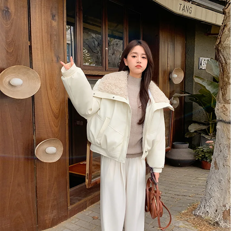 PinkyIsBlack Lamb Wool Large Lapel Disposable Cotton Coat Women's 2025 Winter New Thickened Warm College Style Leather Jacket