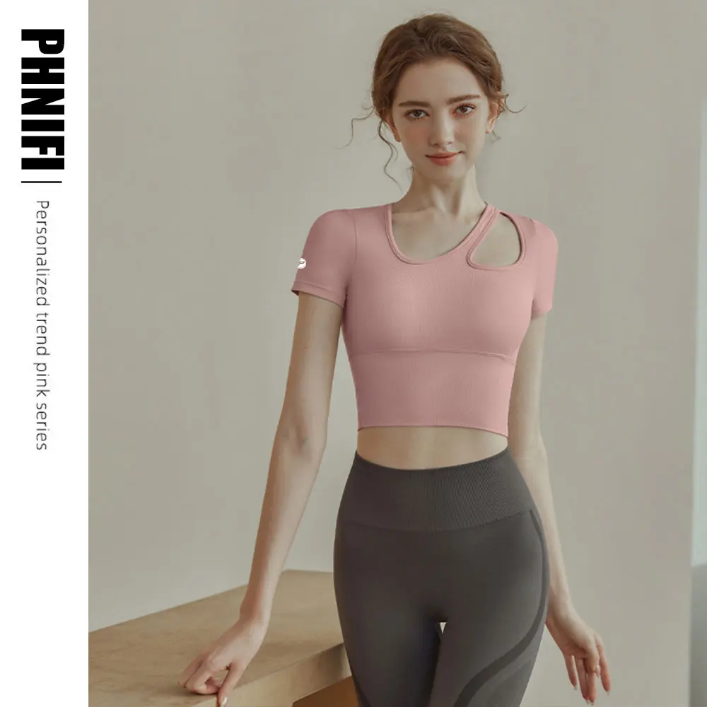 

Yoga Shirts Women Diagonal Shoulder Hollow Out Sports Tees Short Sleeve T-Shirt With Padded Fitness Sportswear Workout Gym Tops