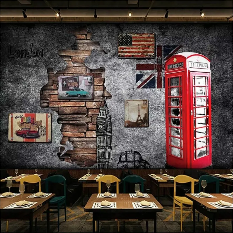 

Customization 3D Wallpaper for Walls European and American retro nostalgic London phone booth cafe restaurant painting