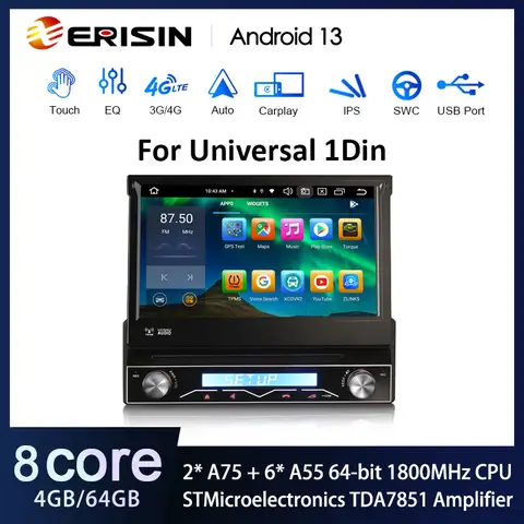 Erisin ES8588U 7" IPS Screen Android 13.0 Universal 1 Din Car DVD Player GPS 4G LTE WiFi DAB+ Wireless CarPlay Auto Radio BT5.0