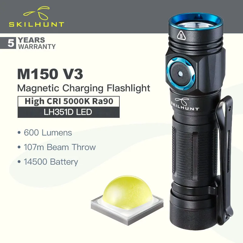 

SKILHUNT M150 V3 (High CRI Version, 5000K, Ra90) Compact EDC Flashlight, LH351D LED 600 Lumens, with 14500 Battery