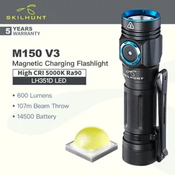 SKILHUNT M150 V3 (High CRI Version, 5000K, Ra90) Compact EDC Flashlight, LH351D LED 600 Lumens, with 14500 Battery