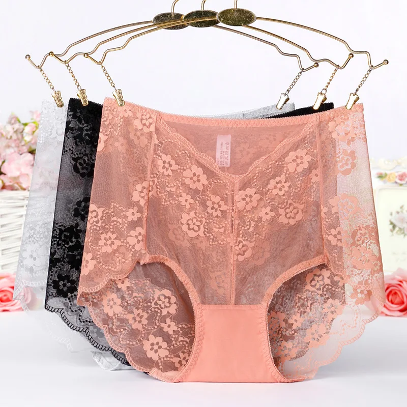 Women\'s Lace Briefs Large Size with High Waist New Transparent Mesh Panties Female Underwear Sexy Panty Plus Size Women 3XL 4XL