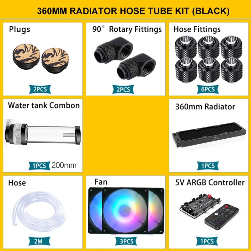 Imagem -05 - Bykski Kit de Resfriamento de Água para pc Bomba Rsservoir Mais Ventilador Mais Radiador 360 mm 240 mm Mais Controlador Mais Encaixe Mais Mangueira Tubo Rígido para Cpu Gpu 12v 5v