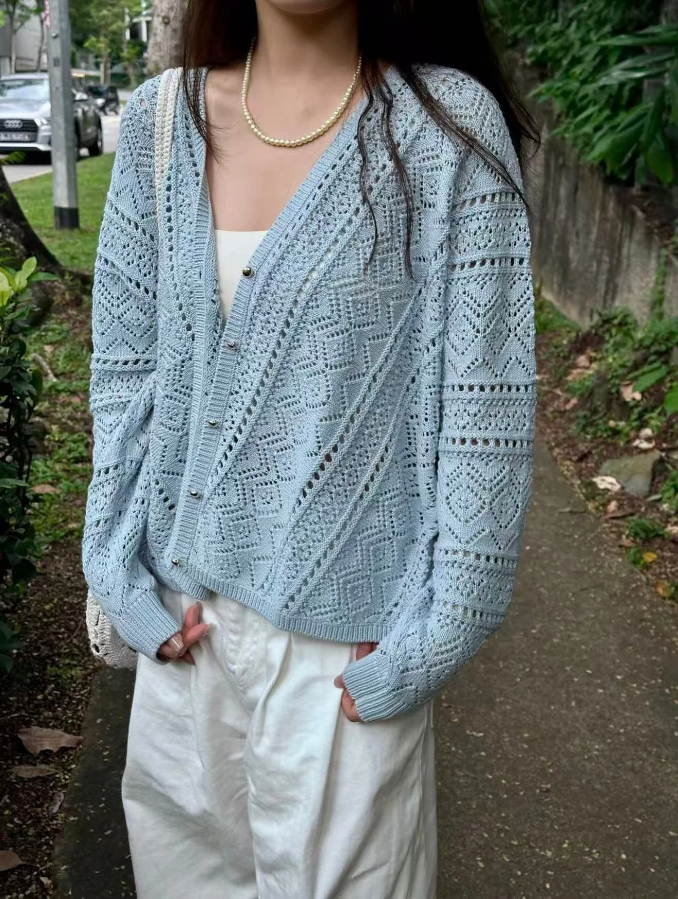 

Женский вязаный кардиган с V-образным вырезом и вырезами, свободного кроя, с длинными рукавами, с цветочным узором, с открытым передом, во французском стиле