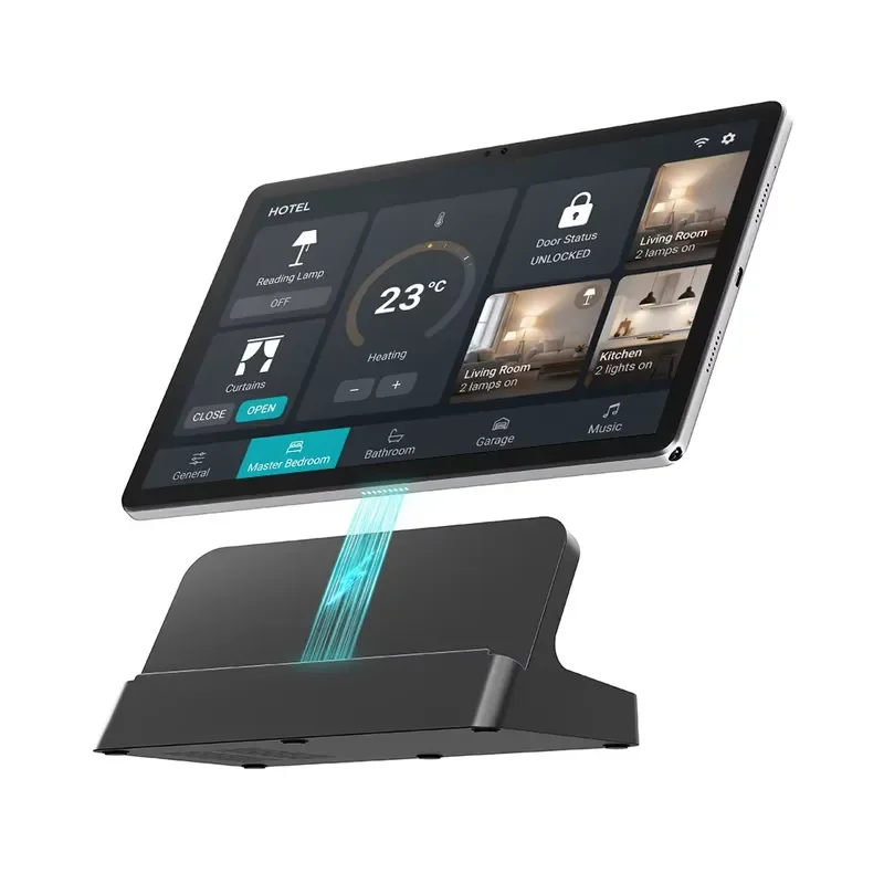 11-Inch smart hotel tablet with charging dock, custom version, no camera, in-room guest control tablet, WiFi, Android hotel