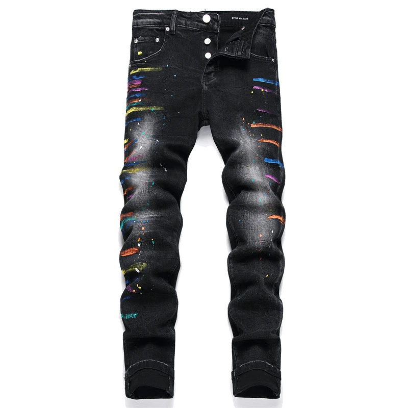 New black Paint Painted Men's Jeans Mid-Waist Stretch Slim Slacks 2024 Streetwear