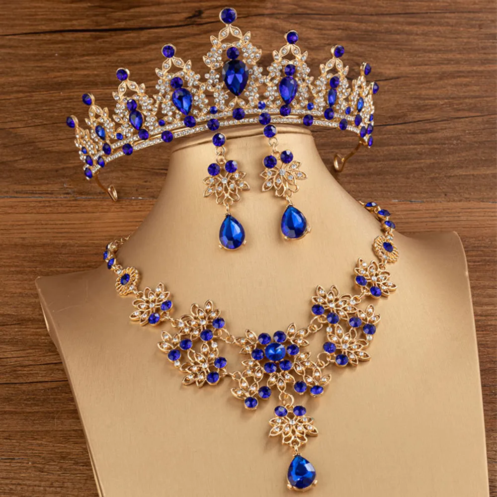 DIEZI Baroque Bridal Crown Tiaras For Women Wedding Princess Queen Red Green Blue Crystal Tiaras Necklace Earrings Jewelry Sets