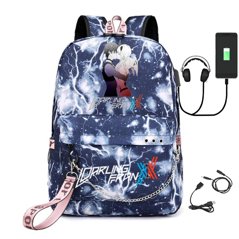 Classic Popular DARLIN Ginthe FRANXX USB School Bags Unisex Print Oxford Waterproof Notebook multifunction Travel Backpacks