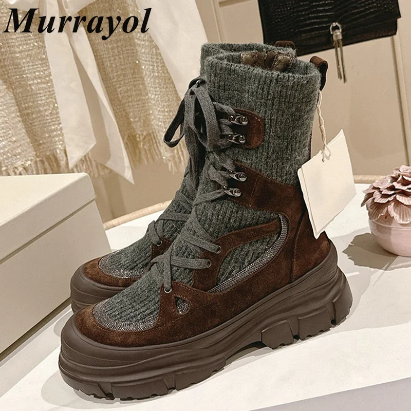 New Wool knitting Splicing Lace-up Short Boots Women Side Zipper Thick Bottom Snow Boots Autumn Winter Warm Motorcycle Boots