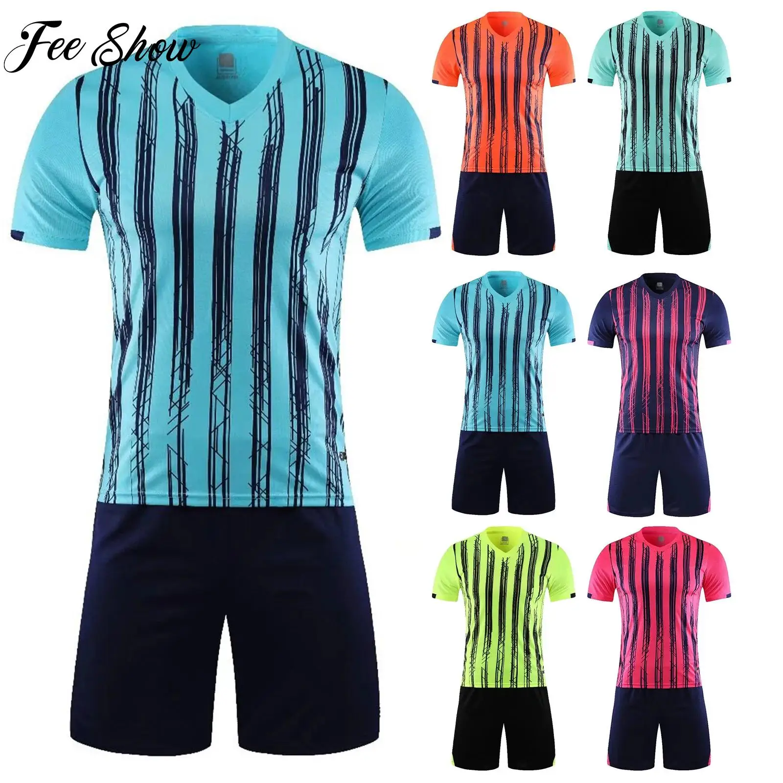 

Men Soccer Training Set V Neck Short Sleeve Striped Jersey and Elastic Drawstring Shorts Stretchy Breathable Match Practice