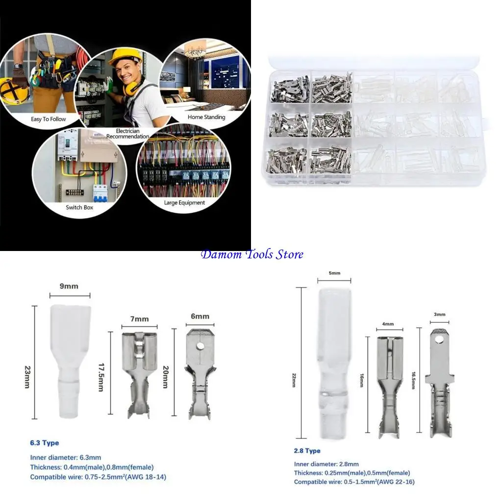 57BE 2.8/4.8/6.3mm Wire Connector set Male & Female Flat Crimp Connector Set fit for Quick Wiring in Vehicles Appliances