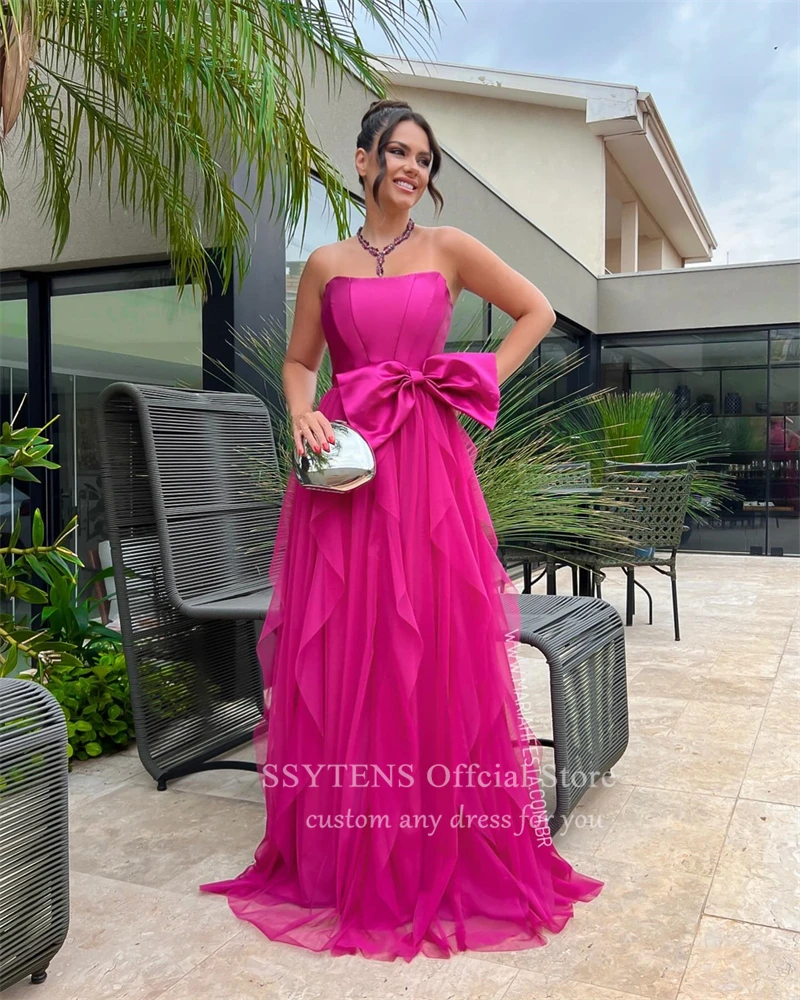 Vestido longo sem alças com laço para mulheres, vestidos de noite elegantes, festa formal, Dubai, luxo, rosa, Arábia Saudita