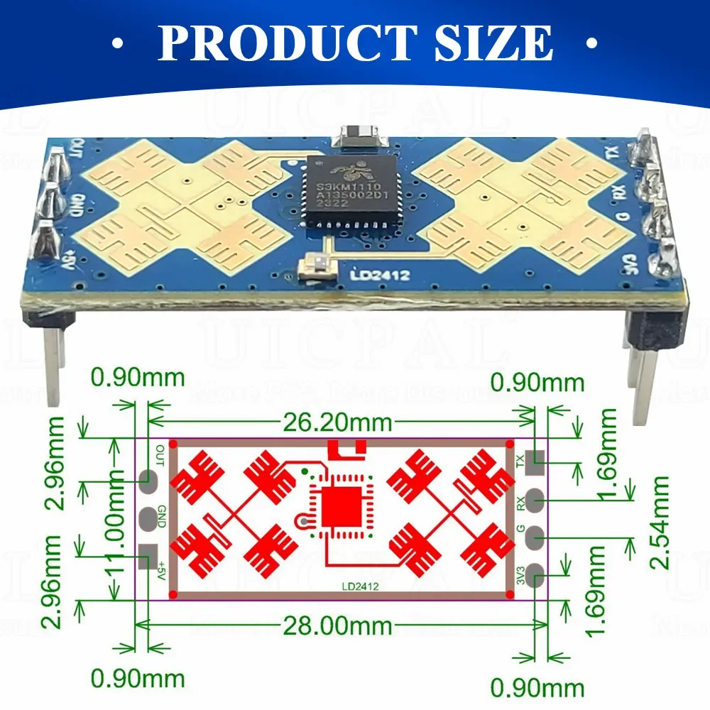 Ld2412 sensor de módulo de radar de detecção de presença humana 24ghz ism sensores de movimento corporal sensível à frequência 9m gpio uart saída 7pin