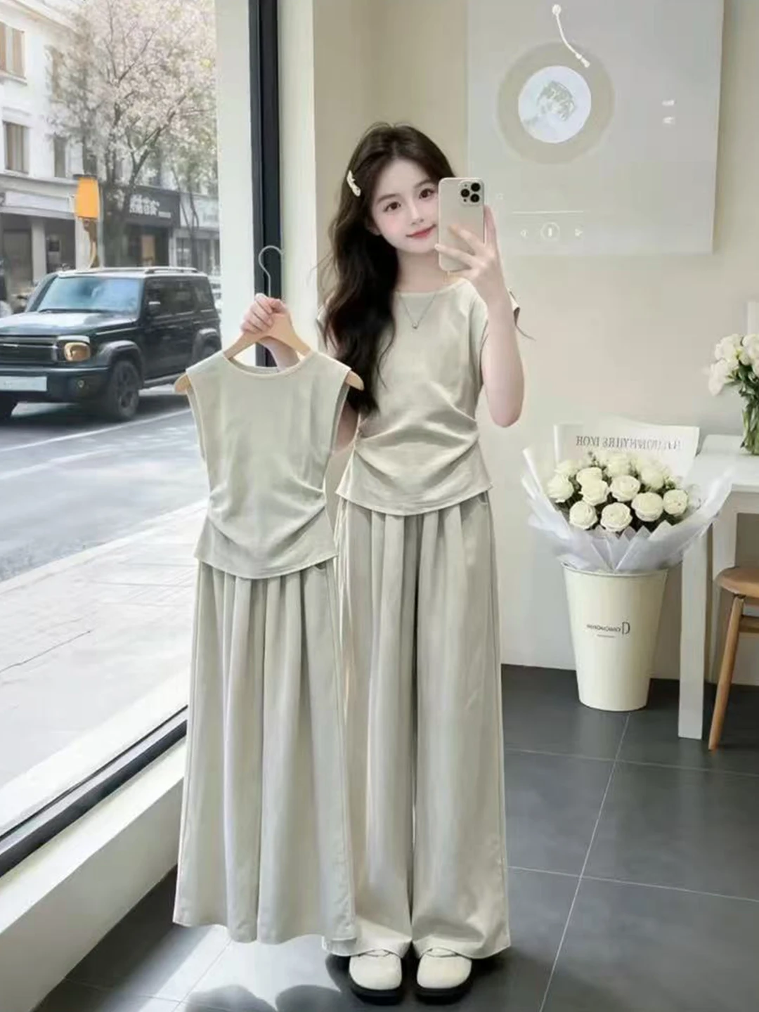 girls-summer-outfit-two-piece-set-casual-korean-style-big-kids-loose-fit-pants-and-top-ensemble-for-ages-2-14-machine-washable
