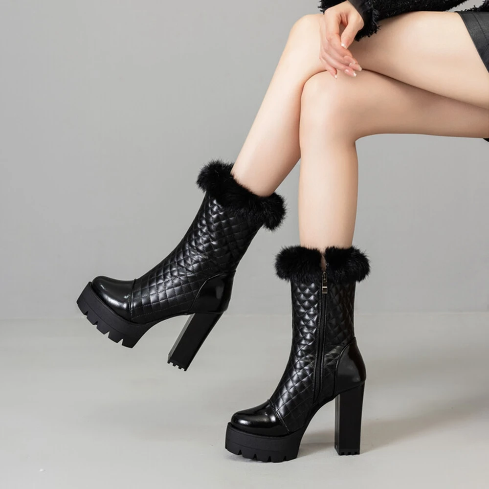 أحذية الشتاء الفراء الدافئة موضة أبيض أحذية سوداء برقبة للنساء الشتاء عالية الكعب سوبر ساحة عالية الكعب 11 سنتيمتر حجم كبير 47 48 8-6 #5