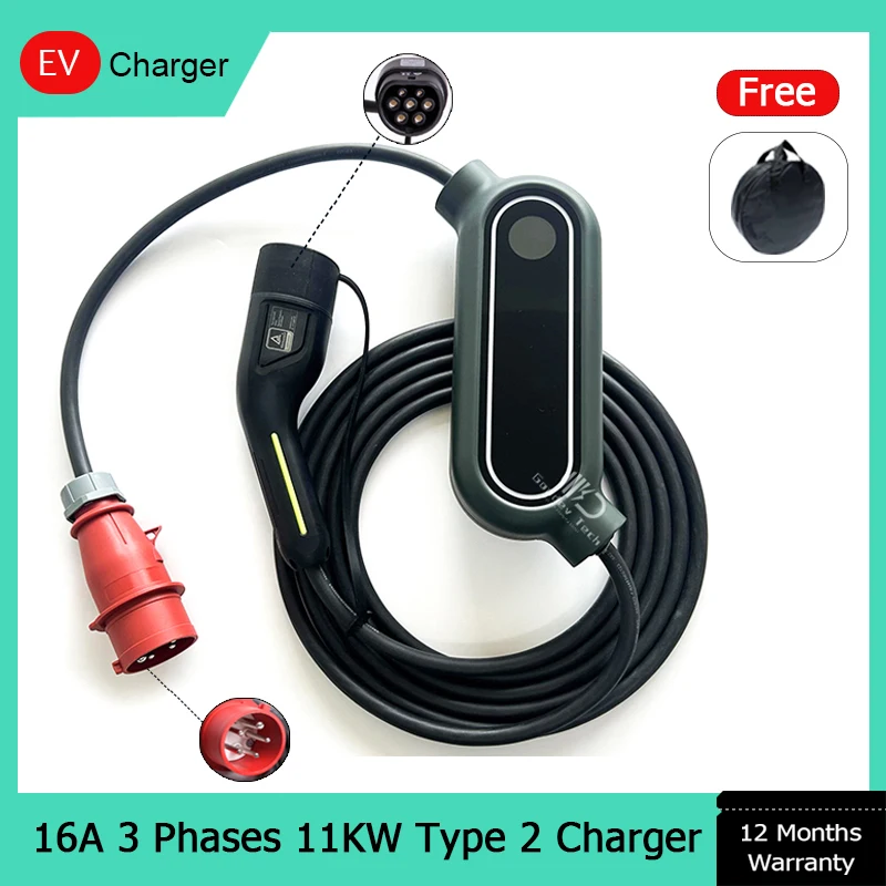 

Mode 2 EV Portable Charger Type 2 EU Female Plug 5M Cable 16A 11KW 3 Phases Electric Vehicle AC EV Car Charger Adjustable