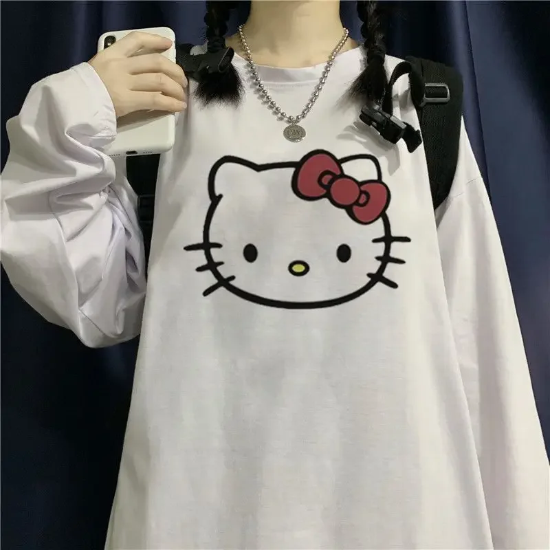 Cartoon Hello Kitty Printed Long Sleeve T-shirt Women Student Korean Style Loose Lovely Spring Autumn Graphic T Shirts Y2k Top