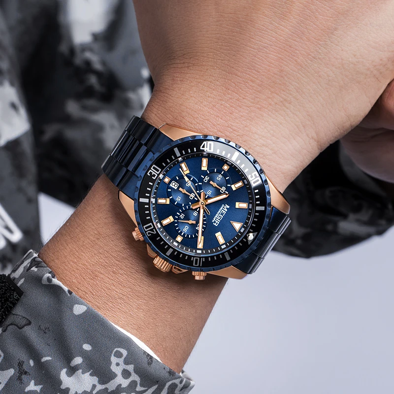 MEGIR Fashion Chronograph Quartz Watch for Men Stainless Steel Waterproof Luminous Sport Military Blue Watch Relogio Masculino