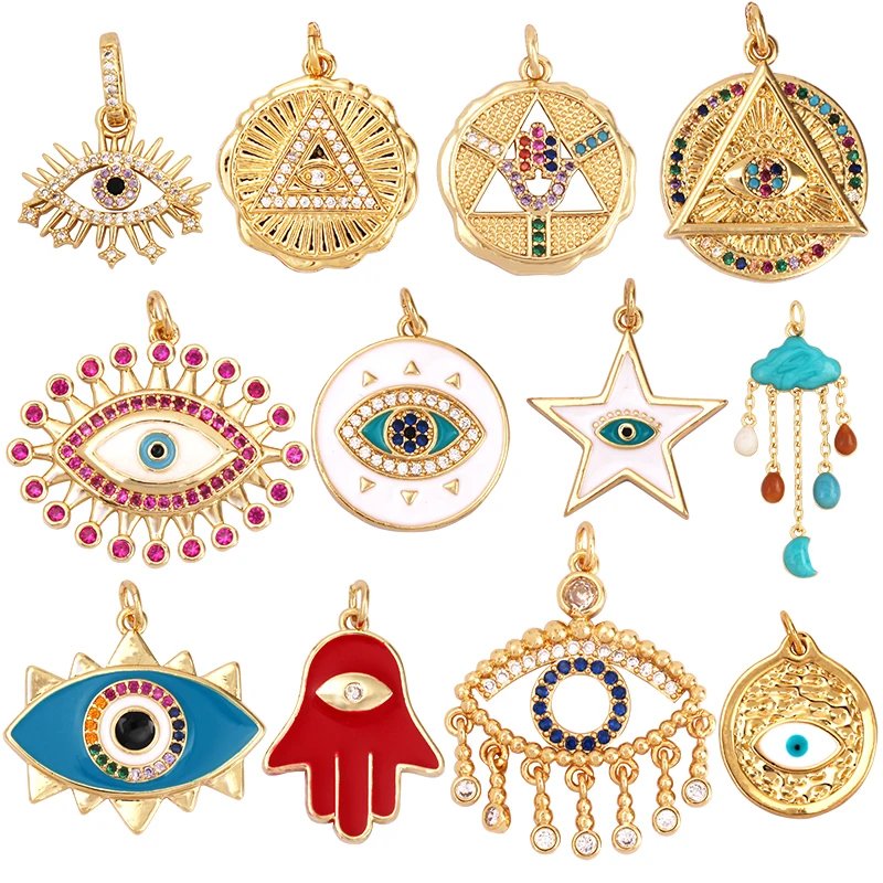Evil Eye Hamsha Hand Pendant Real Gold Plated Cubic Zirconia CZ Paved Religours,Jewelry Necklace Bracelet Accessories Supply M18