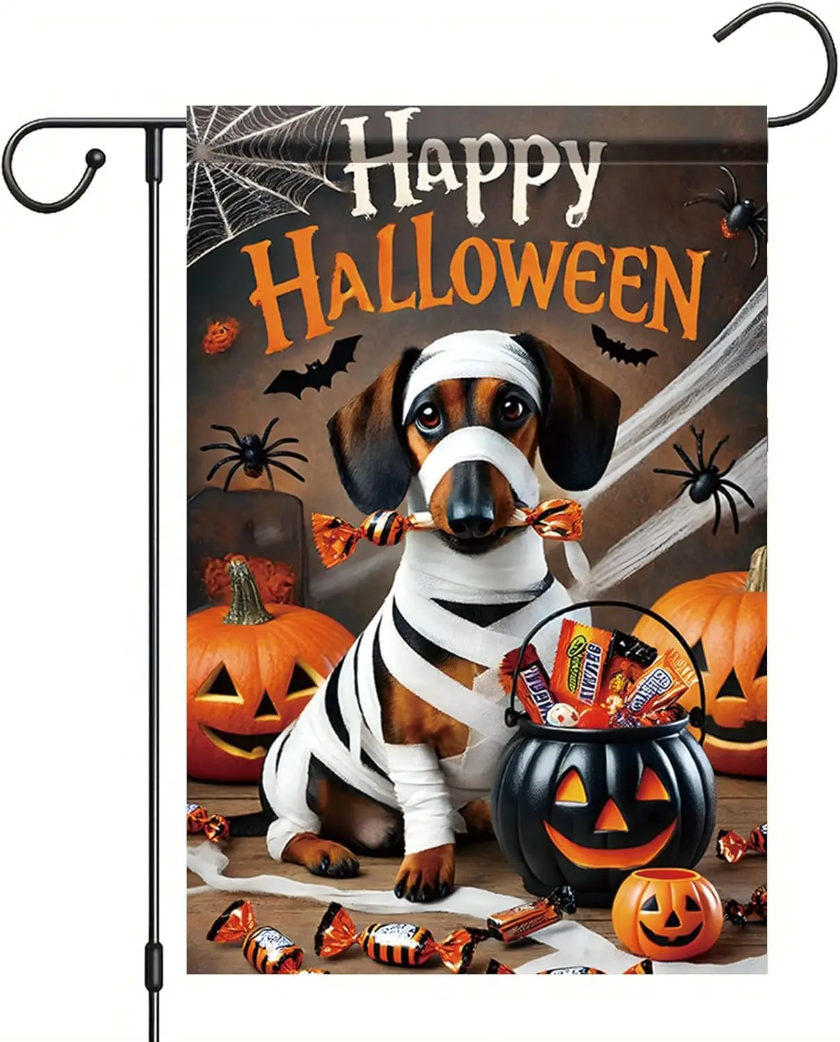 هالوين حديقة العلم المومياء الكلب الألماني اليقطين الحلوى 12x18 بوصة مزدوجة الوجهين في الهواء الطلق ساحة راية لخدعة أو علاج هانت FFI #1