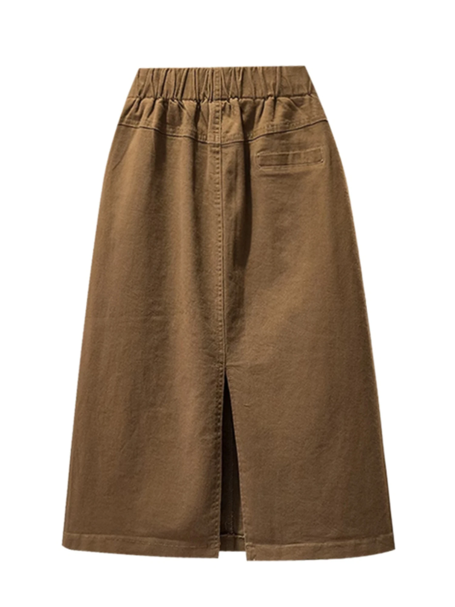 Women's Brown Denim Mid Long Skirt Vintage Aesthetic High Waist Oversize Jean Skirt Y2k A-line Skirts with Slit 2000s Clothes