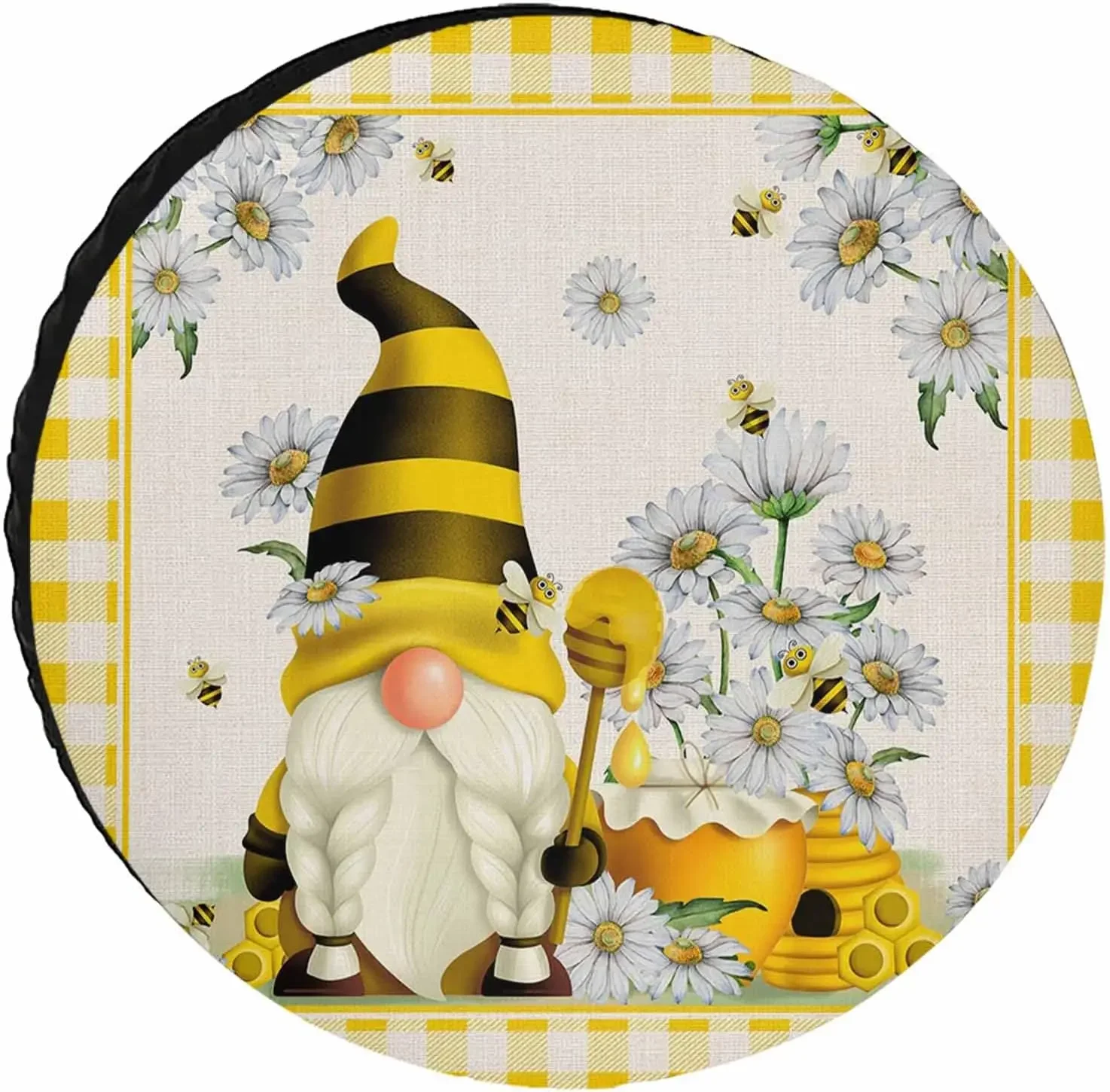 

Gnomes Chrysanthemum Bee Yellow Spare Tire Cover Weatherproof Dustproof Universal Tire Cover for RV Trailers Motorhomes SUV