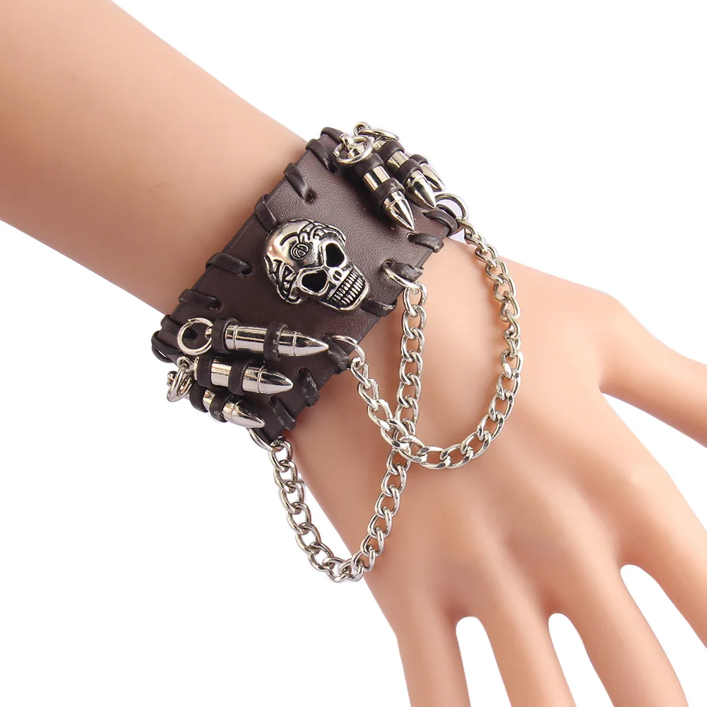 Fashion Gothic Punk Skull Metal bullet Leather Bracelet Men Bracelets & Bangles Male Arm Jewelry Red and black 2022 Accessor