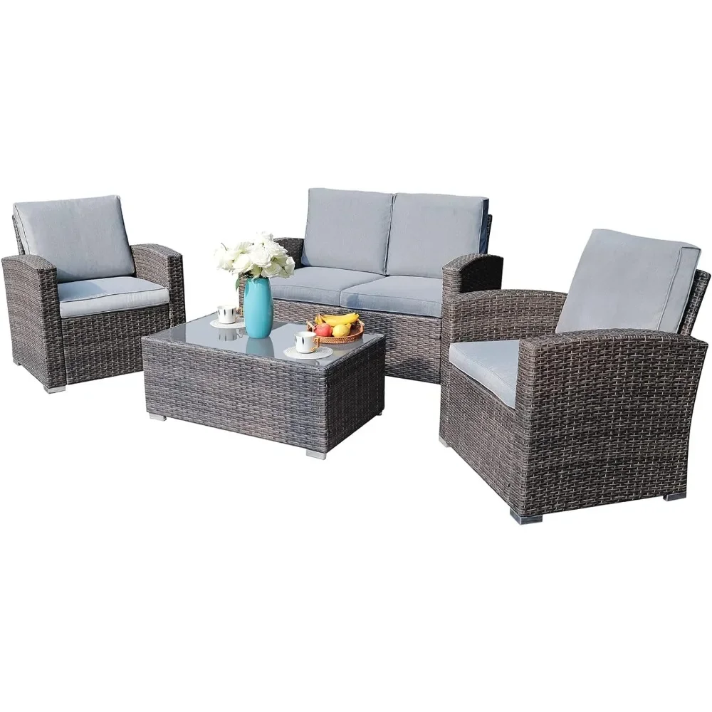 Patio Furniture Set, 4 Piece Outdoor Patio Conversation Set, All-Weather PE Rattan Wicker Sectional Patio Sofa Set with Tempered