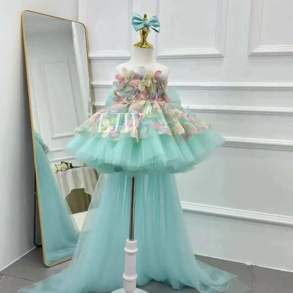 Flower Sleeveless Little Baby Girl Long Tail Princess Dress Host's Piano Performance Wedding Birthday Girls Party Dresses Childr