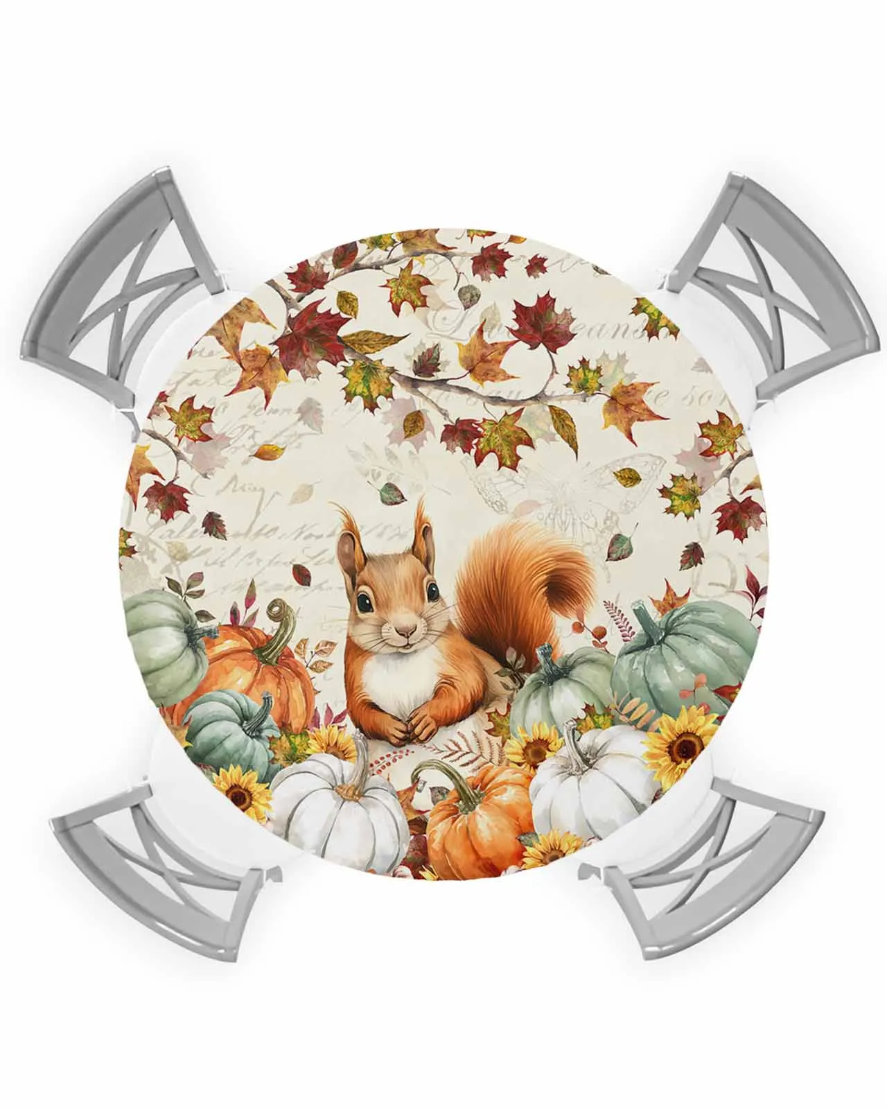 Squirrel Maple Leaf Pumpkin Round Elastic Edged Table Cover Protector Cloth Waterproof Fitted Tablecloth