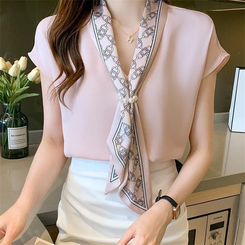 Woman Summer Style Blouses Shirts Lady Casual Short Batwing Sleeve V-Neck Bow Tie Decor Loose Blusas Tops WY1000