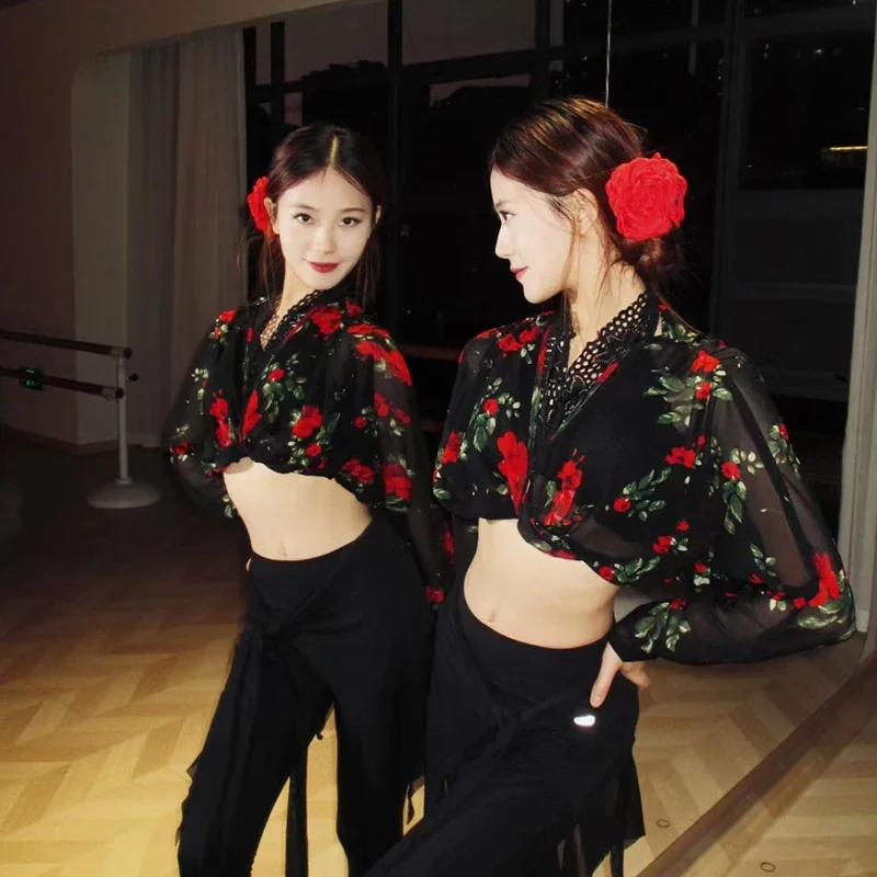 

New Women Summer Latin Dance Smock Adult Mesh Blouse Rose Mesh Loose Short Shirt Dancing Training Clothes Line Dance Top
