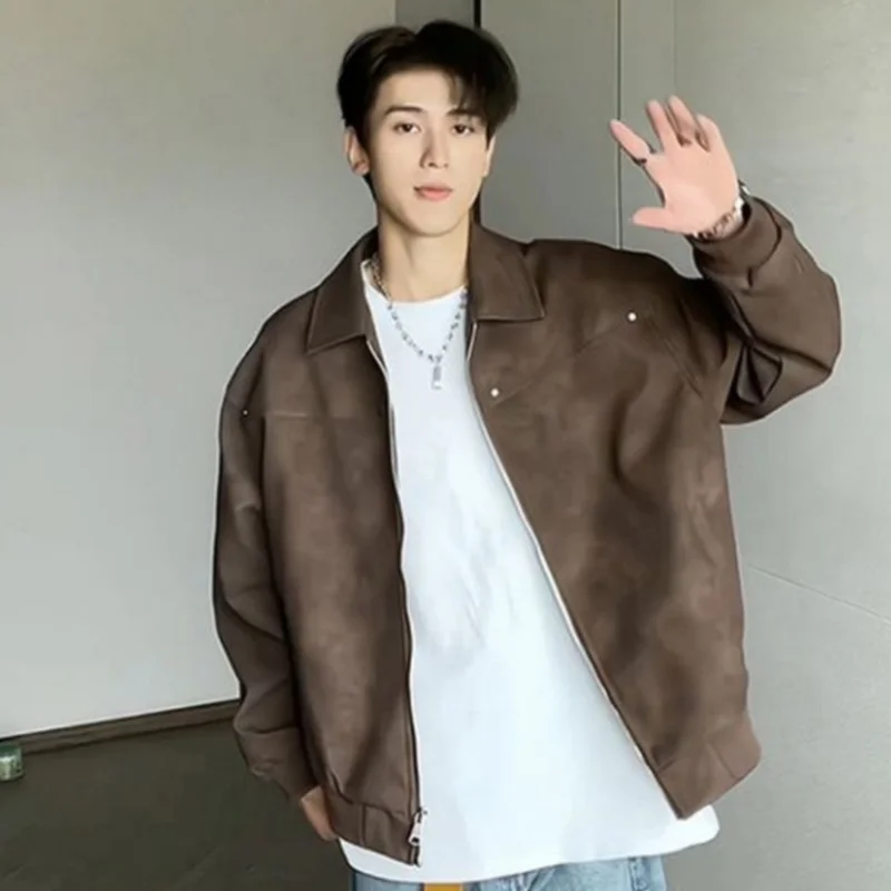 

Men Vintage PU Leather Jacket Windproof Waterproof Motorcycle Coat Loose Fit Spring Casual Streetwear Bomber Style Outdoor Sport