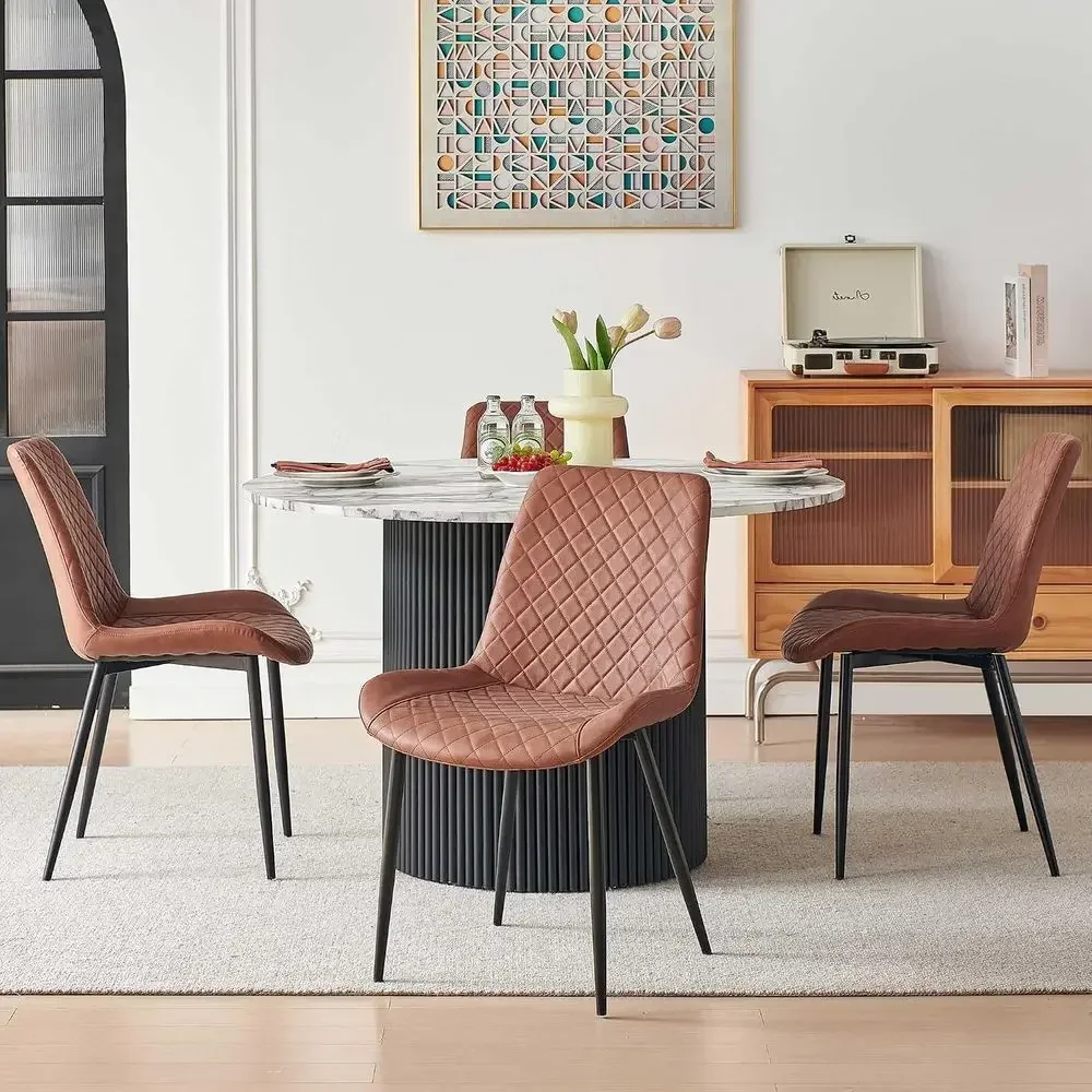 Upholstered Leatherette Dining Chairs Set of 2 with Diamond Stitched Cushions and Metal Legs, Easy Assembly (Brown)