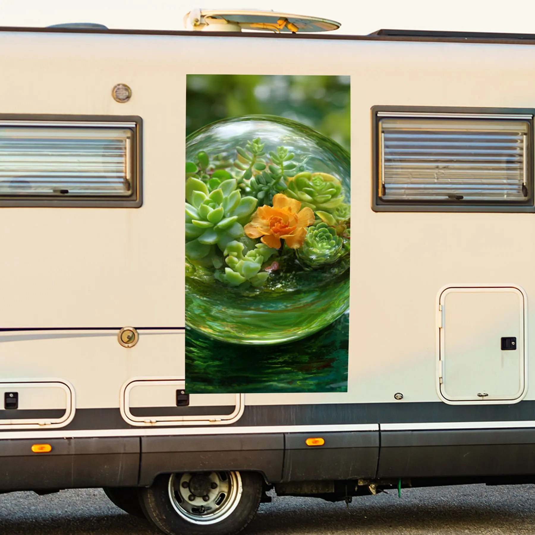 

Green Glass Ball with Mini Succulent Garden Vinyl Decal for motorhome car door, Waterproof Self-Adhesive Vinyl Stickers, Decorat